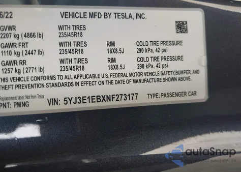 2022 Tesla Model 3 Long Range Dual Motor All-Wheel Drive z USA, uszkodzony, nr VIN 5YJ3E1EBXNF273177
